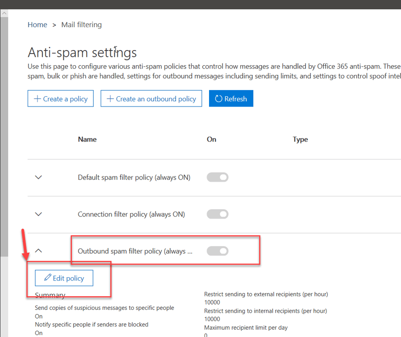 Exchange Online Protection Anti-Spam Policy setup