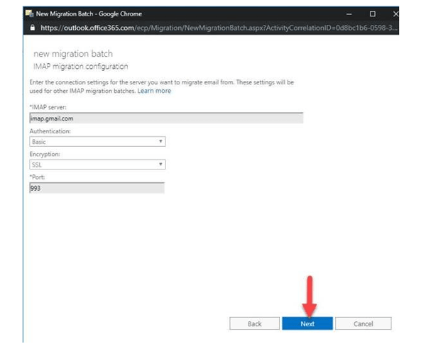 IMAP migration configuration psge