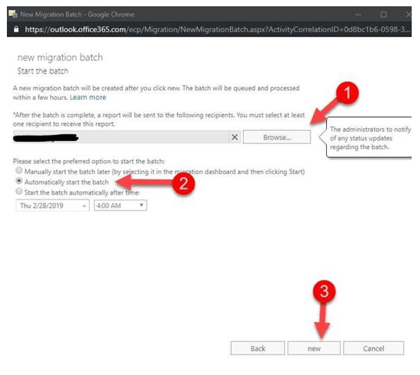 automatically start email migration batch