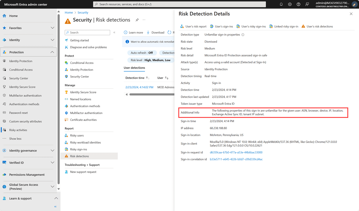 risk detection details unfamiliar signin 