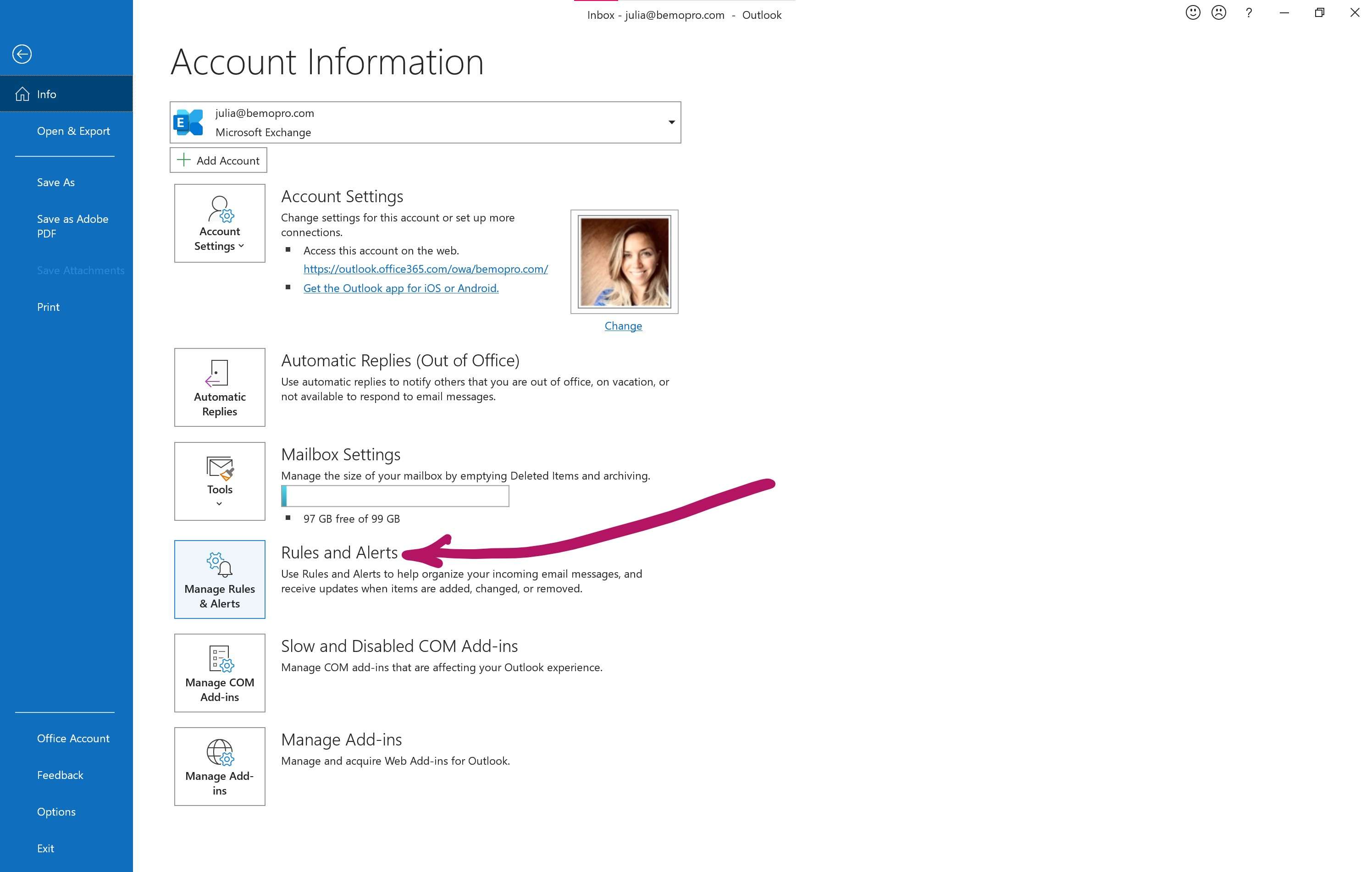 Outlook rules and alerts