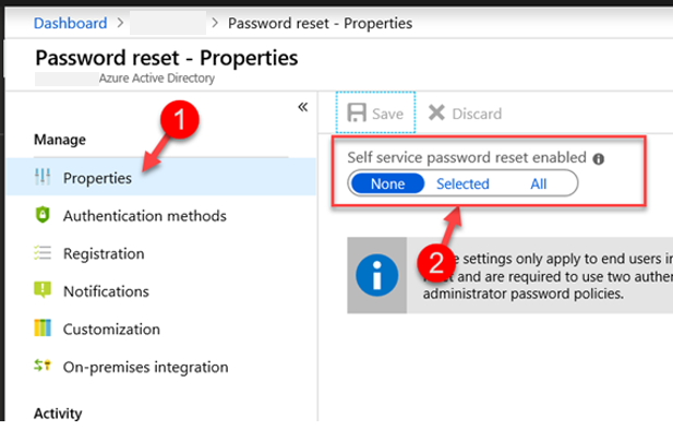 Self-Service Password Reset Properties Azure Portal