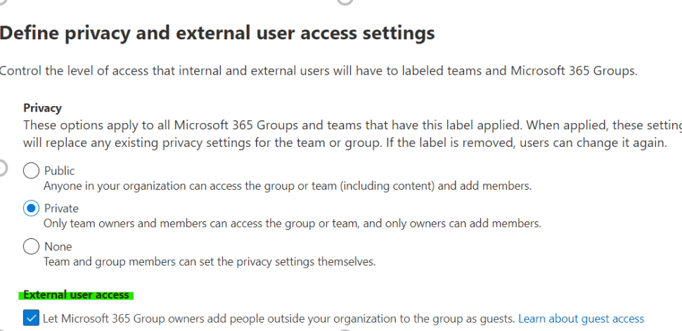 Define privacy and external user access settings